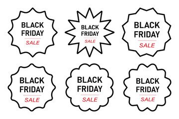 Black Friday sale badge set with black outline star and wave shapes on white background for promotion and marketing design