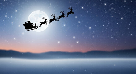Christmas silhouette portrays Santa's sleigh flying across moonlight winter scene. Christmas celebration with reindeer flying over snowy landscape evokes holiday spirit,