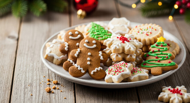 Delicious Christmas cookies assortment with gingerbread man and sugar shapes. Christmas cookies offer sweet indulgence and festive cheer on decorated plate.