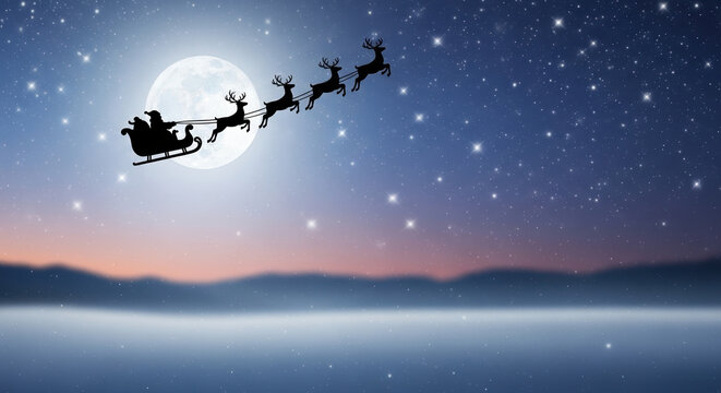 Christmas silhouette portrays Santa's sleigh flying across moonlight winter scene. Christmas celebration with reindeer flying over snowy landscape evokes holiday spirit,