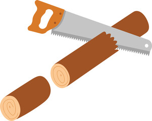 Flat Design Illustration of Handsaw Cutting Wooden Log in Half, Symbolizing Carpentry, Woodwork, Construction, and DIY Project Effort