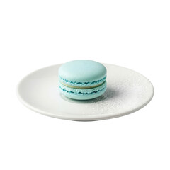 A single, delicate pale blue macaron on a white plate with powdered sugar, isolated on a clean transparent background, high-key macro shot, concept of refined delicacy.
