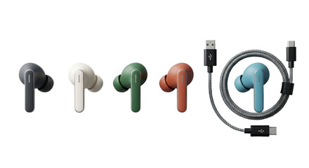Five sleek, modern wireless earbuds in distinct muted matte colors (charcoal, cream, green, terracotta, sky blue) and a coiled USB-C cable on transparent, clean product presentation