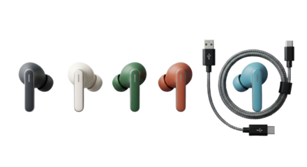 Five sleek, modern wireless earbuds in distinct muted matte colors (charcoal, cream, green, terracotta, sky blue) and a coiled USB-C cable on transparent, clean product presentation