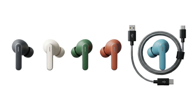 Five sleek, modern wireless earbuds in distinct muted matte colors (charcoal, cream, green, terracotta, sky blue) and a coiled USB-C cable on transparent, clean product presentation