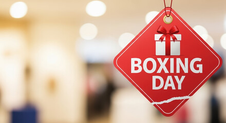 Boxing Day sale event marked by a red tag with gift box symbol. Boxing Day celebrations show shopping tag hung in blurred store background, advertising savings and discounts.