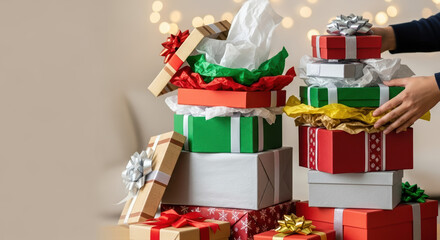 Stack of Boxing Day presents with colorful wrapping and ribbons. Boxing Day gifts are stacked high, creating festive display.