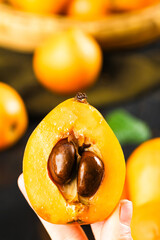 Fresh Loquat Fruit Cut in Half Showing Seeds - Yunnan Alpine Tropical Fruit