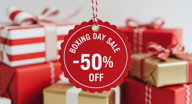 Boxing Day sale promotion with stacked gift boxes, a red tag announcing discounted offers. Boxing Day sale concept featuring a fifty percent discount, perfect for attracting shoppers. - Powered by Adobe