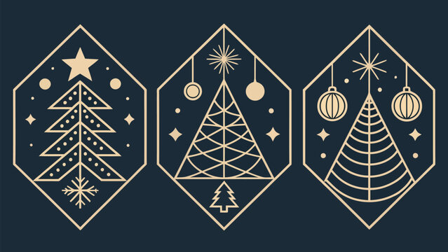 Festive geometric Christmas tree silhouettes with stars and ornaments, a modern holiday design collection