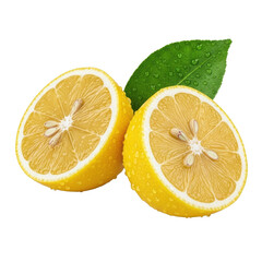 Two fresh, ripe yellow lemon halves with vibrant pulp and dewy water droplets, a green leaf, isolated on a transparent background with professional studio lighting, pristine commercial product concept
