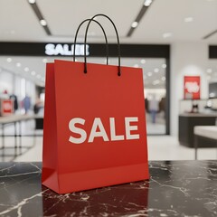 Red Sale Shopping Bag on Marble Table in Modern Mall