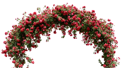 Abundant archway covered in lush red roses and greenery against a dark background