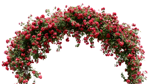 Abundant archway covered in lush red roses and greenery against a dark background