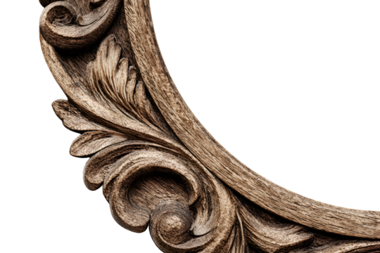 Close up of antique ornate carved wooden frame detail with swirling acanthus leaf patterns