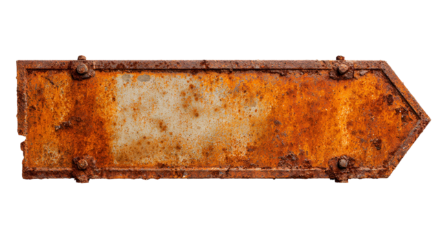 Old rusty directional sign with faded text against a black background