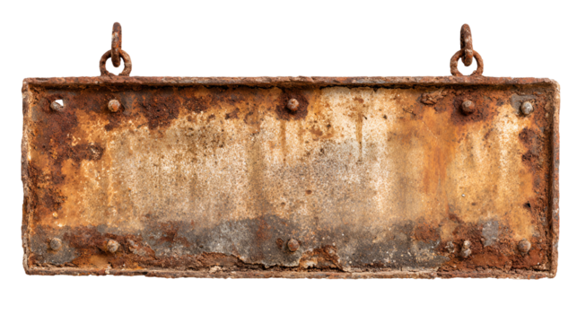 A heavily rusted and weathered metal sign hanging from chains against a dark background