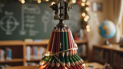pencil tree on classroom desk with globe and chalkboard backdrop, twinkling lights and candle accents, seasonal school project vibe, teacher workspace filled with books and learning atmosphere. - Powered by Adobe