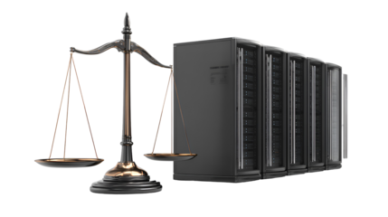 Symbolic representation of justice and legal technology with scales of justice and server rack