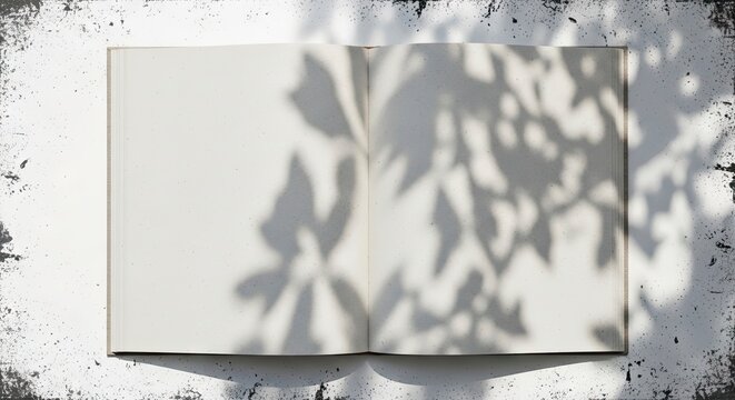 Open book with blank pages under a leafy shadow on a textured surface.