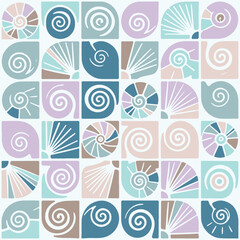 Fototapeta premium Seamless Marine Shell Pattern – Pastel Spiral and Nautilus Shells in Aqua, Lavender, and Beige