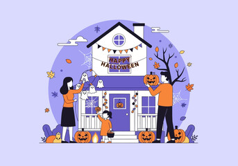 A flat minimalist vector illustration of a family decorating their home for Halloween, festive autumn home theme.