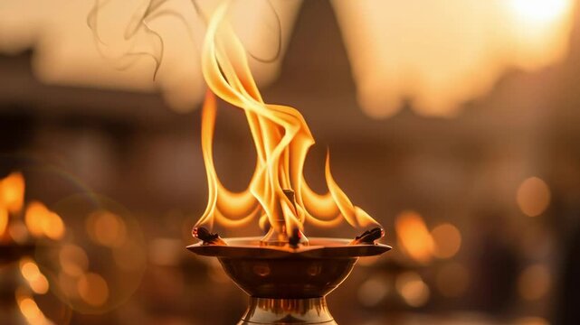A sacred flame burning brightly during a Hindu ritual, symbolizing purity, devotion, and divine presence.