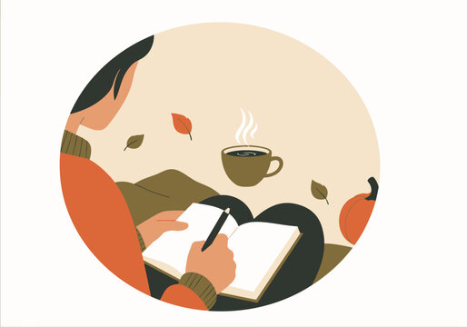 A flat minimalist vector illustration of a person journaling with a cup of coffee, cozy fall self-care theme.