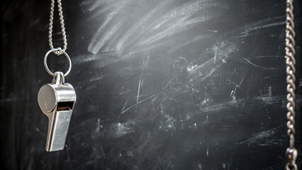 Get ready for sports season with a polished silver whistle on a chalkboard, invoking memories of coaches, teamwork, and the thrill of competition