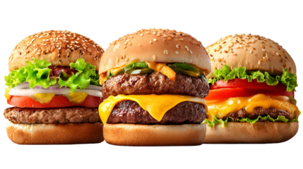Three delicious gourmet cheeseburgers with fresh lettuce and tomatoes against a dark background