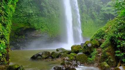 Lush waterfall cascades into a serene pool surrounded by vibrant green vegetation and mossy rocks - Powered by Adobe