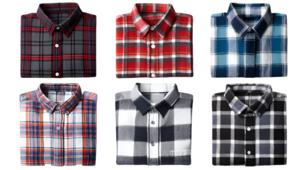 Collection of six plaid flannel shirts in various colors arranged in two rows