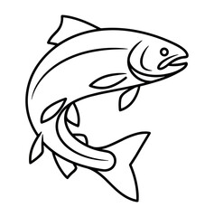 Fish illustration in black and white line art showing stylized swimming pose with detailed fins, streamlined body, and bold outline