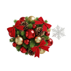Luxurious Christmas decor with fir branches, red/gold baubles, pine cones, velvet bows, and silver snowflake, on transparent background, elegant festive holiday product showcase