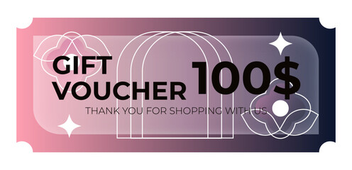 $100 voucher vector template. Geometric design with abstract gradient for promoting sales and promotions