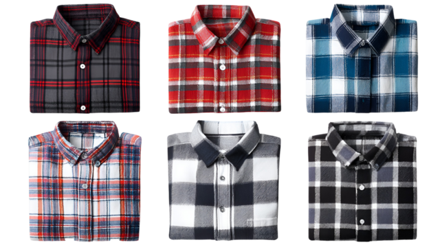 Collection of six plaid flannel shirts in various colors arranged in two rows