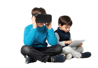 Two young boys sitting on the floor, one wearing a vr headset and the other looking at a tablet, isolated on transparent background