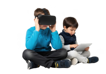 Two young boys sitting on the floor, one wearing a vr headset and the other looking at a tablet, isolated on transparent background