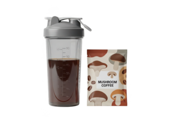 Mushroom coffee powder packet and shaker cup drink for wellness routine