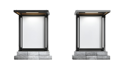 Two illuminated modern outdoor advertising display cases on stone bases against a black background