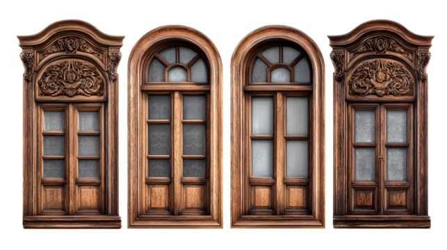 Ornate antique wooden windows with intricate carvings and arched tops against a dark background