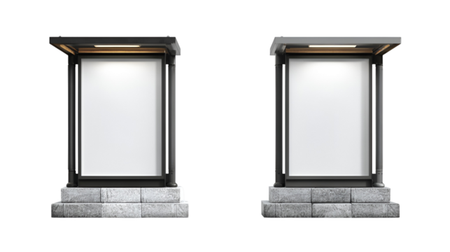 Two illuminated modern outdoor advertising display cases on stone bases against a black background