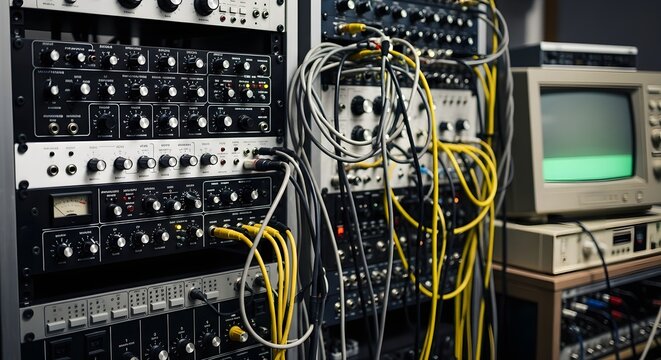 Vintage professional audio racks with intricate wiring and an old crt monitor for complex analog systems.