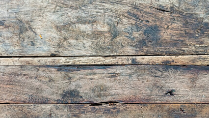 Close-up view of dark, weathered old wooden planks with rough texture and visible knots. Rustic timber background, surface for vintage design, grunge concepts, product display, and food photography.