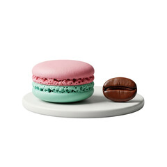 Artisanal pastel macaron (ruffled 'pied') and glossy dark coffee bean on white plate, transparent studio background, high-key lighting, razor-sharp, commercial food photography concept