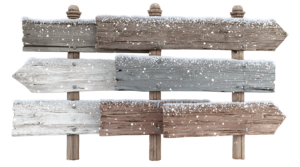 Rustic weathered wooden directional signs pointing in different directions against a dark background