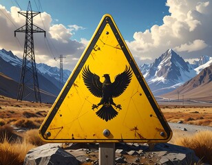 A worn, yellow triangular sign with a soaring black bird. Electric lines and snow-capped mountains form the backdrop