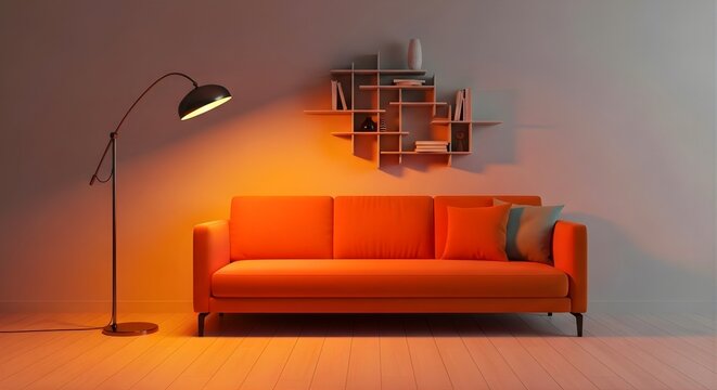 Cozy living room with a vibrant orange sofa, minimalist shelving, and ambient lighting creating a warm and inviting atmosphere