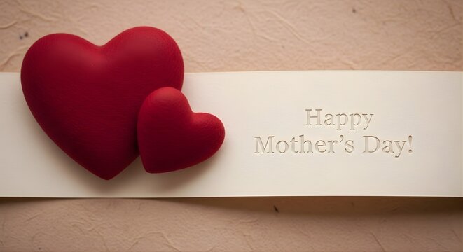 Elegant Happy Mother's Day greeting card concept with two red decorative hearts on a textured parchment background