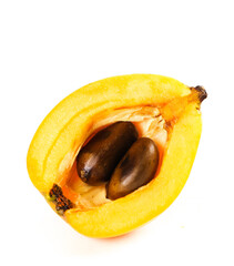 Fresh Loquat Fruit Half Cross Section Yunnan Panzhihua Alpine Chinese Tropical Exotic Organic Food Isolated White Background